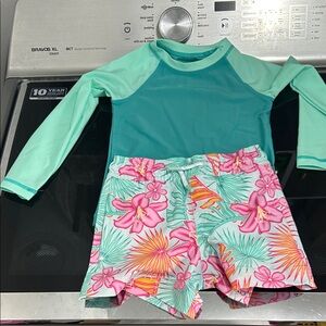 Boys 3T swim set new nwt rash guard mesh lined hibiscus Hawaiian tropical